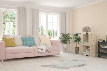 White living room with sofa and summer landscape in window. Scandinavian interior design. 3D illustration