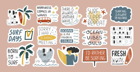 Naklejka premium Set of cute surfing scenes in stickers.