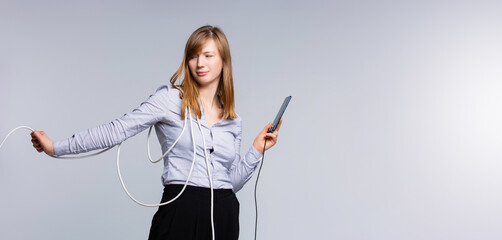 Banner- long format. Concept showing people dependence of smartphone, gadget, net. Real life vs mobile phone technology. Phone addiction on gray background with empty side space for information