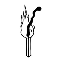 Half-burnt match with fire. Suitable for postcards, backgrounds, flyers, decorations, banners, icons. Vector illustration in doodle outline style ..