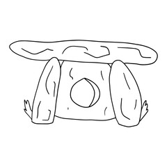 Cute cartoon doodle ancient stone dolmen isolated on white background. Prehistoric rock architecture. 