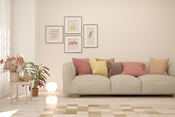White living room with sofa. Scandinavian interior design. 3D illustration