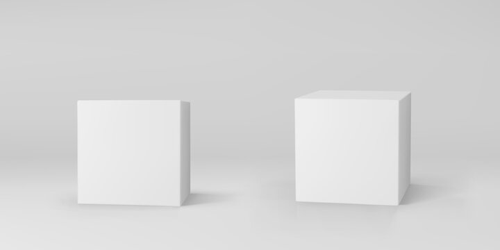 White 3d cubes set with perspective isolated on grey background. 3d modeling box with lighting and shadow. Realistic vector icon