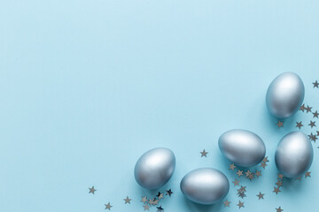 Silver Easter eggs with decoration. Wealth and good luck concept.