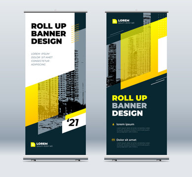 Yellow Business Roll Up Banner. Abstract Roll up background for Presentation. Vertical roll up, x-stand, exhibition display, Retractable banner stand or flag design layout for conference, forum.