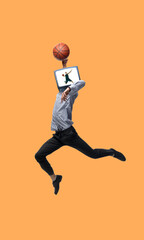 Fototapeta na wymiar Contemporary art collage. Young man headed of TV set jumping as basketball player on orange background. Copy space for text, design, ad. Modern creative artwork. Flyer. Vertical composition.