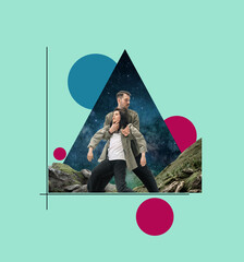 Stylish and fashionable woman and man, geometric modern design. Contemporary art. Creative conceptual collage urban styled with nature landscape elements. Copy space for text, design, ad.