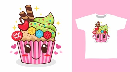 Cute pink cupcake cartoon illustration t-shirt design vector