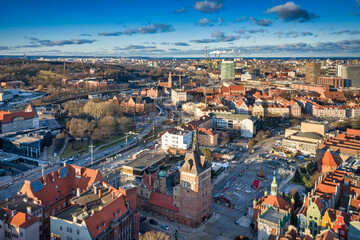 Fototapeta premium Aerial view of the old town of Gdansk with beautiful architecture at sunny day, Poland