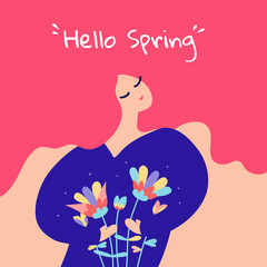 Hello Spring! Beautiful woman with flowers. Spring greeting card, banner, celebration poster. Young happy girl and bouquet. Cute season vector illustration and text, logo. Flower with colorful petals 