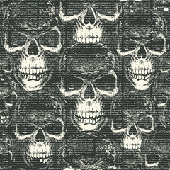 Vector seamless pattern with with old magazine or newspaper columns on a black backdrop with ominous human skulls in retro style. Suitable for wallpaper, wrapping paper, textiles, fabric, background