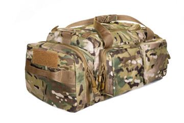 Military style bag. Isolated on white. Canvas Backpack Front View of Modern Waterproof Camping Traveler Back Pack Bag with Shoulder Straps and Haul Loop. Tactical Hiking Travel Travel
