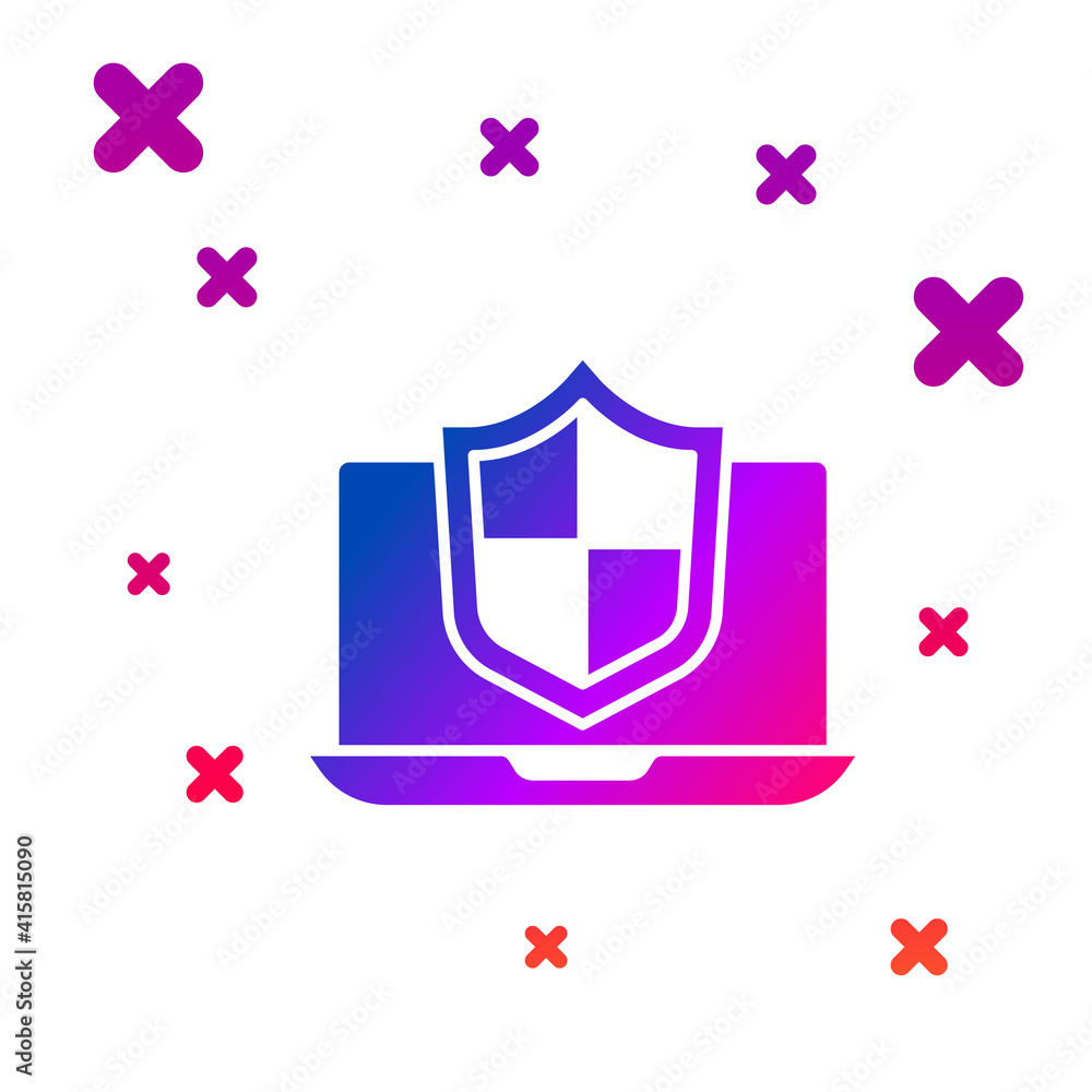 Poster color laptop protected with shield icon isolated on white background. pc security, firewall technolo