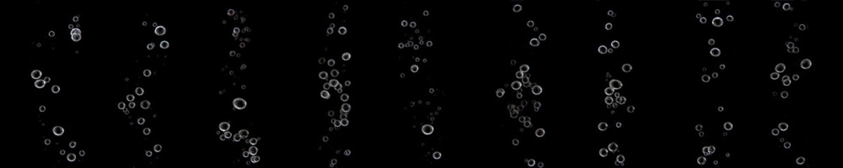 collection water bubble white oxygen air, in underwater clear liquid with bubbles flowing up on the water surface, isolated on a black background