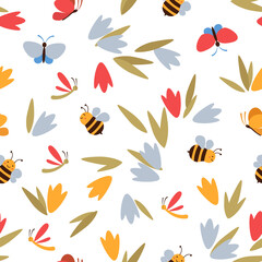 Vector seamless pattern with butterflies and bees, flowers, insects on white background. Minimalism art style. Cute seamless texture with flying insects. Spring, summer insects