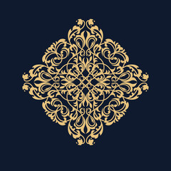 Damask graphic ornament. Floral design element. Gold and dark blue vector pattern