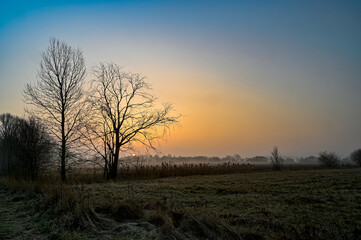 orange sunrise over agriculture fields a misty morning