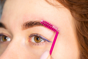 Obraz premium Young Caucasian Woman on the brow beauty procedures. Professional care for face. Brows coloring, wax and lamination. 