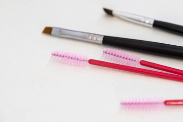 Brow master instruments. Brushes for brows coloring, lamination and waxing. Professional care for face and beauty procedures. 