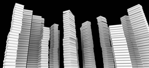 Ilustración en 3D (render) de muchos libros, amontonados o en fila. Estilo maqueta y en blanco y negro