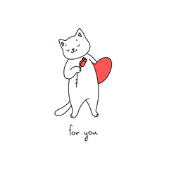 
For You. Illustration of a cute cat holding a rose and a big pink heart in his paws. St. Valentine's day concept. Vector 10 EPS 