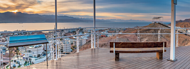 Panoramic aerial view on the Red Sea from scenic point in pergola on top of a mount