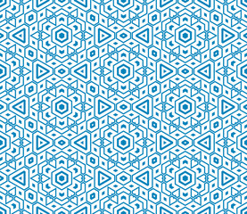 Abstract fantasy thin line hexagon, triangle geometric seamless pattern. Creative mosaic, tile background. 