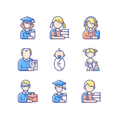 Age and gender differences RGB color icons set. Female and male student. Schoolgirl and schoolboy. Senior citizen. Infancy development. Adulthood. Preschooler. Isolated vector illustrations