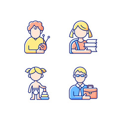 Aging process RGB color icons set. Elderly woman. Schoolgirl. Female toddler. Middle-aged man. Old pensioner. Elementary education. Toddlerhood. Preschool years. Midlife. Isolated vector illustrations