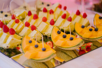 Sliced melon and pineapple on a buffet table