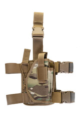 Holster hanging on a soldier's leg. Leg holder for gun. Isolated military tactical