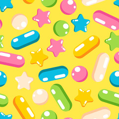 Colorful bright pastel pattern of shiny candy sweet shapes. Pink, light blue, green and yellow star, ball, confetti. Packaging for a birthday present for a little child. Seamless background