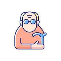 Male pensioner RGB color icon. Senile man. Old age. Retirement from workforce. Aging process. Senior with limited mobility. Oldest-old population. Elderly person. Isolated vector illustration