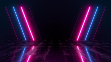 Abstract neon background with colorful beams of light. Futuristic studio concept with bright laser animation and reflective floor. Seamless loop. - Powered by Adobe