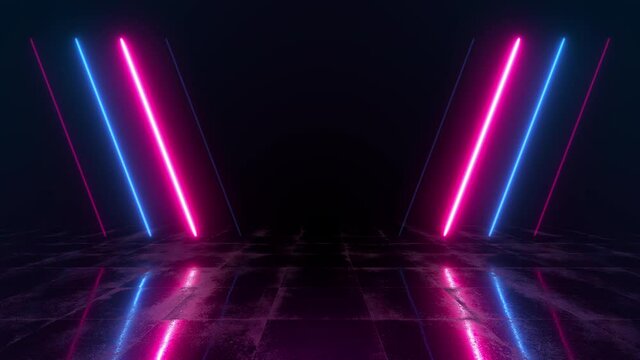 Abstract neon background with colorful beams of light. Futuristic studio concept with bright laser animation and reflective floor. Seamless loop.