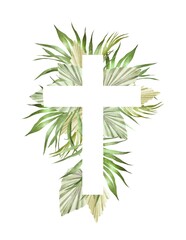 Watercolor illustration.  The Christianity cross  is white on a background of green leaves, palm leaf.  Design for invitations, Easter, church, holiday, christian cards