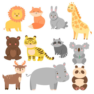 Set of cute animals in cartoon style isolated on white background. Vector graphics.