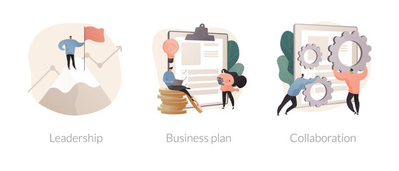 Startup development abstract concept vector illustration set. Leadership and business plan, collaboration, mutual assistance, managing skills, effective communication, entrepreneur abstract metaphor.