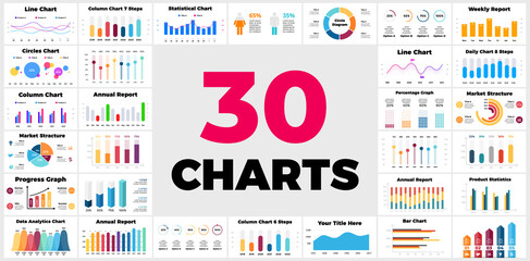 Fototapeta na wymiar 30 Infographics. Column, bar, line charts. Business financial reports. Marketing structure. Daily, weekly, annual statistics. Circle diagrams. Percentage graph. Presentation template. 