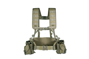 Army equipment on white background. Straps jacket, Modern army combat gear ammunition. Military...
