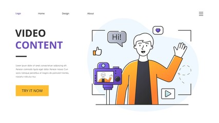 Social Media Influencer or vlogger recording video content on a professional video camera or mobile phone in a website landing page template with copyspace, colored minimal style vector illustration