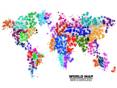 Abstract world map in the form of blots, colorful ink splashes, grunge splatters. Vector illustration