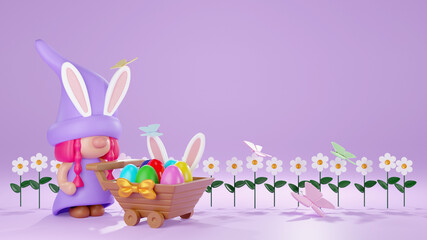 Happy Easter Gnome with colorful eggs in the flower garden 3d rendering