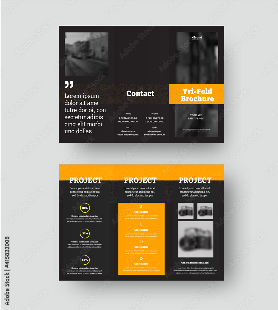 Poster vector trifold template with yellow rectangular design on black background, with realistic shadows, 