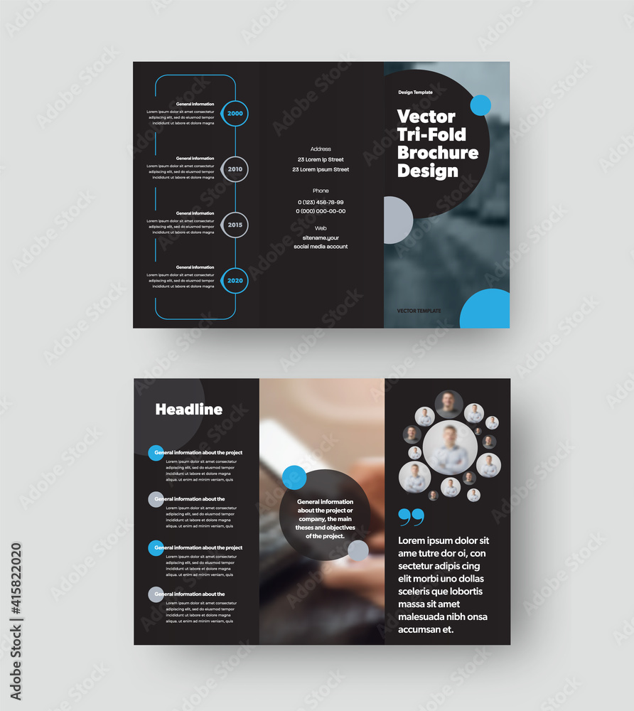 Poster vector trifold template with blue, gray round design elements on black background, creative brochure