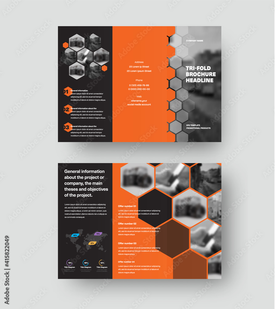 Poster Vector trifold template presentation with hexagons, orange design elements on black background.