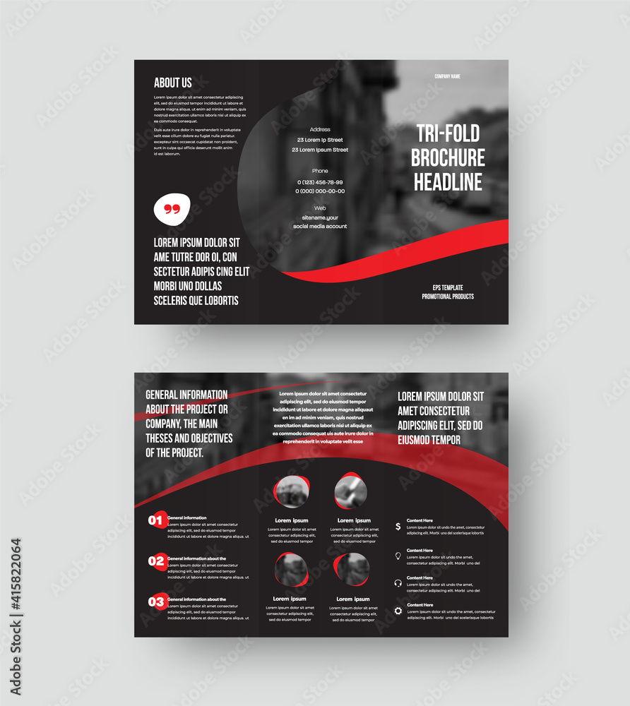 Poster vector trifold template with creative red design on black background for information presentation, b