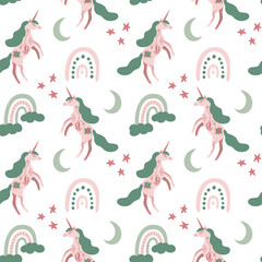 Seamless pattern with unicorns and rainbows on white in boho style. Magical kids background for wrapping paper, printing on the fabric. Vector illustration.