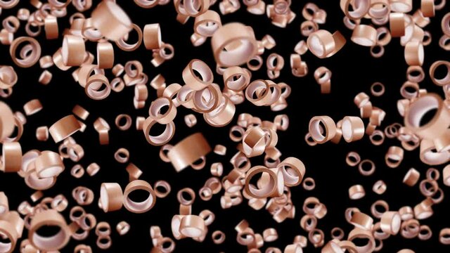 Flying many rolls of packing tapes on black background. Adhesive paper tape. 3D loop animation of duct tape rotating.