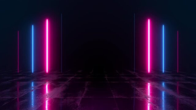 Abstract neon background with bright laser lights and reflections on the floor. 3d render of blue and pink rays. Night club music show animation. Seamless loop.